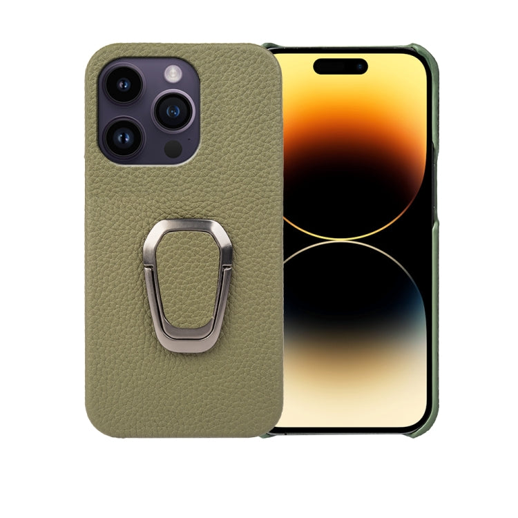 For iPhone 14 Pro Ring Holder Litchi Texture Genuine Leather Phone Case, For iPhone 14 Pro