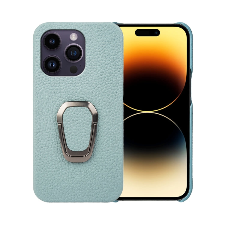 For iPhone 14 Pro Ring Holder Litchi Texture Genuine Leather Phone Case, For iPhone 14 Pro