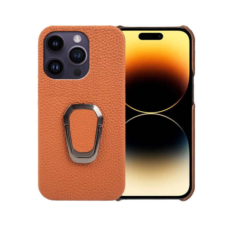For iPhone 14 Pro Ring Holder Litchi Texture Genuine Leather Phone Case, For iPhone 14 Pro