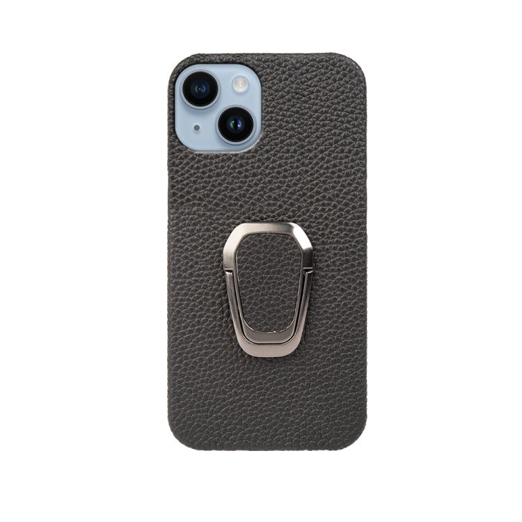 For iPhone 14 Ring Holder Litchi Texture Genuine Leather Phone Case, For iPhone 14