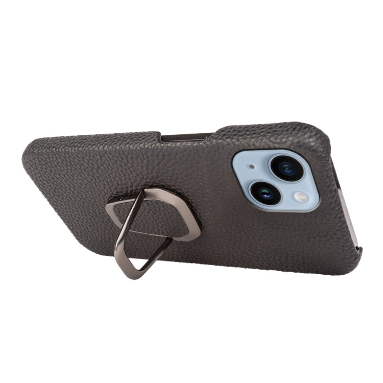 For iPhone 14 Ring Holder Litchi Texture Genuine Leather Phone Case, For iPhone 14
