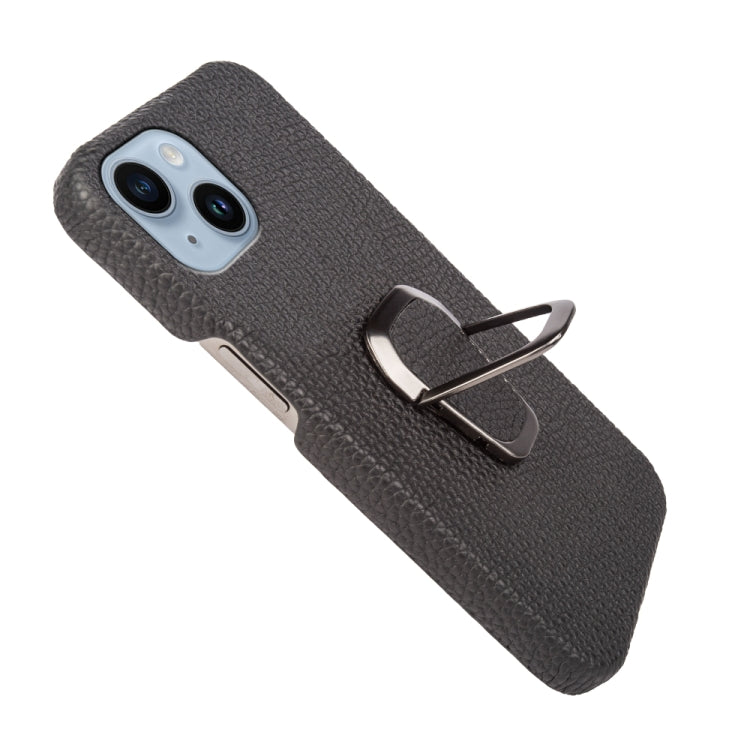 For iPhone 14 Ring Holder Litchi Texture Genuine Leather Phone Case, For iPhone 14
