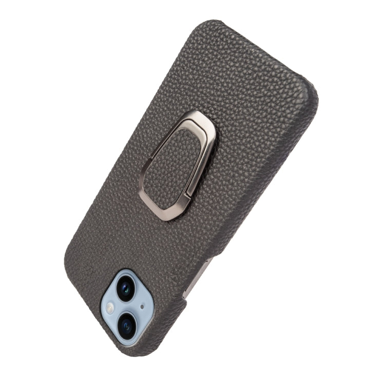 For iPhone 14 Ring Holder Litchi Texture Genuine Leather Phone Case, For iPhone 14
