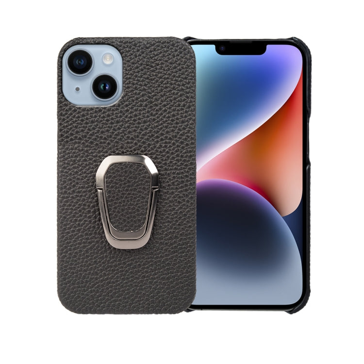 For iPhone 14 Ring Holder Litchi Texture Genuine Leather Phone Case, For iPhone 14