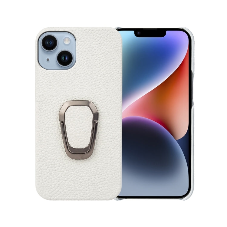 For iPhone 14 Ring Holder Litchi Texture Genuine Leather Phone Case, For iPhone 14