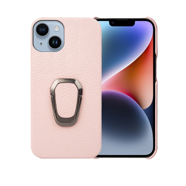 For iPhone 14 Ring Holder Litchi Texture Genuine Leather Phone Case, For iPhone 14