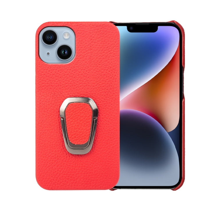 For iPhone 14 Ring Holder Litchi Texture Genuine Leather Phone Case, For iPhone 14