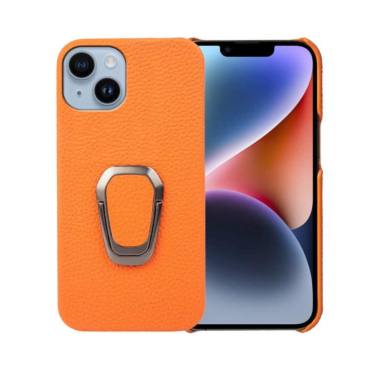 For iPhone 14 Ring Holder Litchi Texture Genuine Leather Phone Case, For iPhone 14