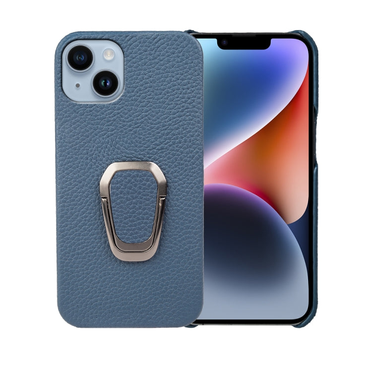 For iPhone 14 Ring Holder Litchi Texture Genuine Leather Phone Case, For iPhone 14