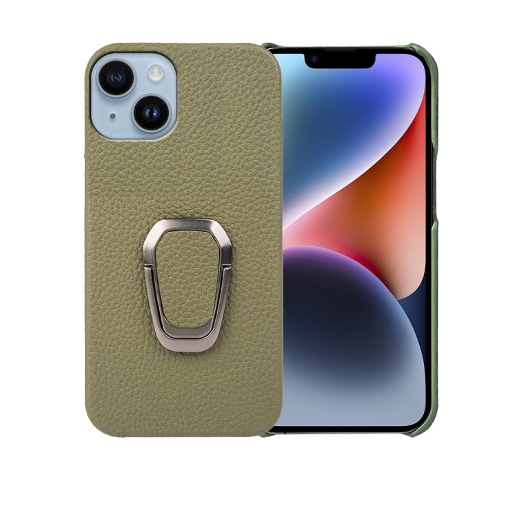 For iPhone 14 Ring Holder Litchi Texture Genuine Leather Phone Case, For iPhone 14