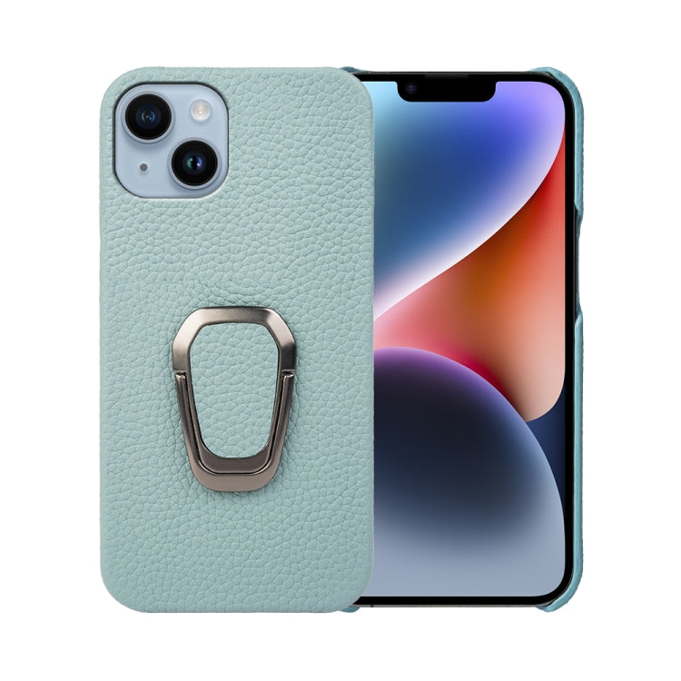 For iPhone 14 Ring Holder Litchi Texture Genuine Leather Phone Case, For iPhone 14