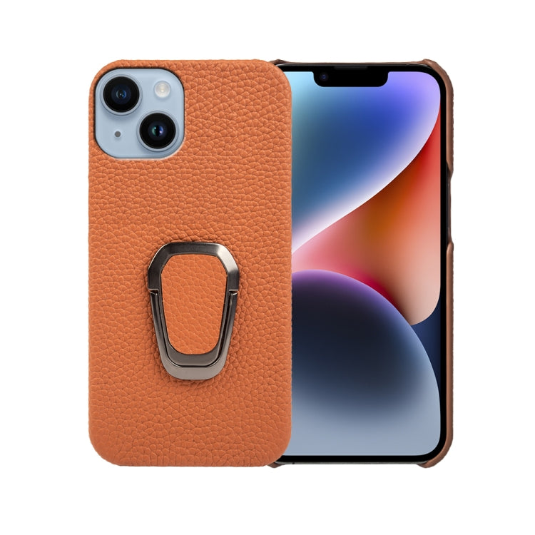 For iPhone 14 Ring Holder Litchi Texture Genuine Leather Phone Case, For iPhone 14