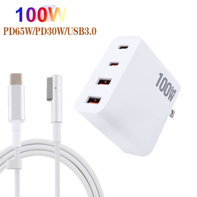 GaN 100W Dual USB+Dual USB-C/Type-C Multi Port Charger with  1.8m Type-C to MagSafe 1 / L Header Data Cable, US Plug, US / EU Plug, US / UK Plug, US / AU Plug, US / EU / UK Plug, US / EU / UK / AU Plug
