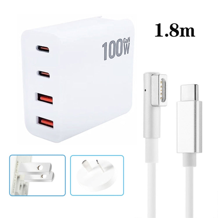 GaN 100W Dual USB+Dual USB-C/Type-C Multi Port Charger with  1.8m Type-C to MagSafe 1 / L Header Data Cable, US Plug, US / EU Plug, US / UK Plug, US / AU Plug, US / EU / UK Plug, US / EU / UK / AU Plug