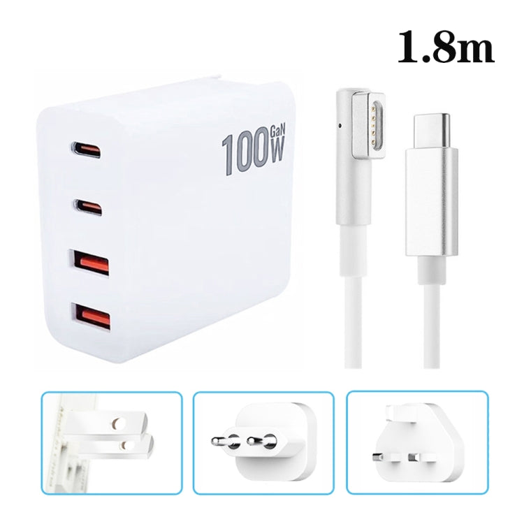 GaN 100W Dual USB+Dual USB-C/Type-C Multi Port Charger with  1.8m Type-C to MagSafe 1 / L Header Data Cable, US Plug, US / EU Plug, US / UK Plug, US / AU Plug, US / EU / UK Plug, US / EU / UK / AU Plug