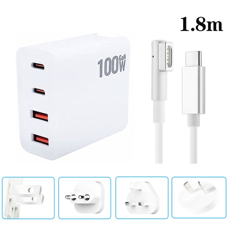 GaN 100W Dual USB+Dual USB-C/Type-C Multi Port Charger with  1.8m Type-C to MagSafe 1 / L Header Data Cable, US Plug, US / EU Plug, US / UK Plug, US / AU Plug, US / EU / UK Plug, US / EU / UK / AU Plug