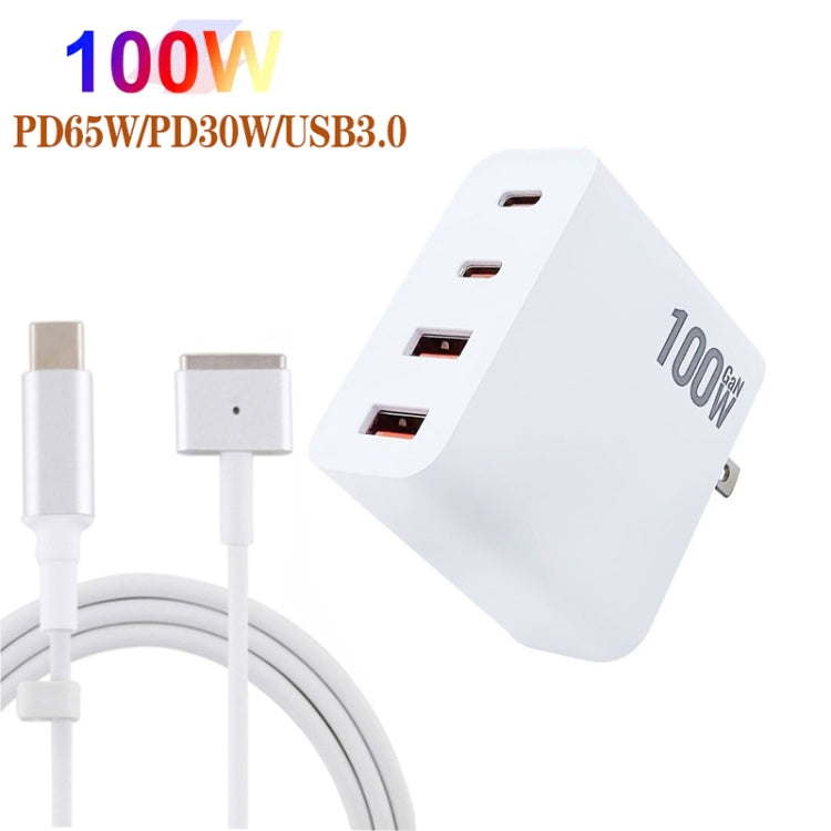 GaN 100W Dual USB-C/Type-C + Dual USB Multi Port Charger with  1.8m Type-C to MagSafe 2 / T Header Data Cable, US Plug, US / EU Plug, US / UK Plug, US / AU Plug, US / EU / UK Plug, US  / EU / UK / AU Plug