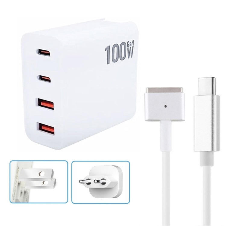 GaN 100W Dual USB-C/Type-C + Dual USB Multi Port Charger with  1.8m Type-C to MagSafe 2 / T Header Data Cable, US Plug, US / EU Plug, US / UK Plug, US / AU Plug, US / EU / UK Plug, US  / EU / UK / AU Plug
