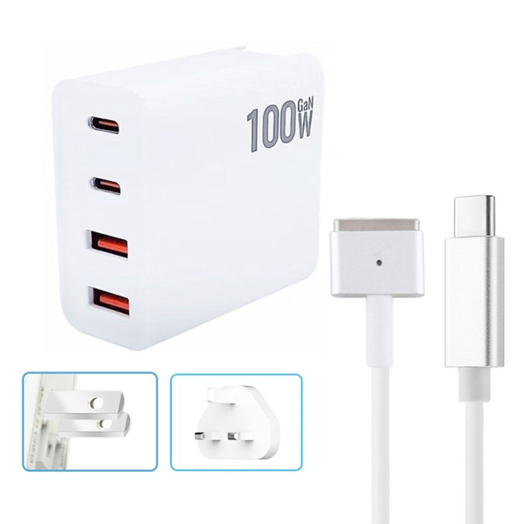GaN 100W Dual USB-C/Type-C + Dual USB Multi Port Charger with  1.8m Type-C to MagSafe 2 / T Header Data Cable, US Plug, US / EU Plug, US / UK Plug, US / AU Plug, US / EU / UK Plug, US  / EU / UK / AU Plug