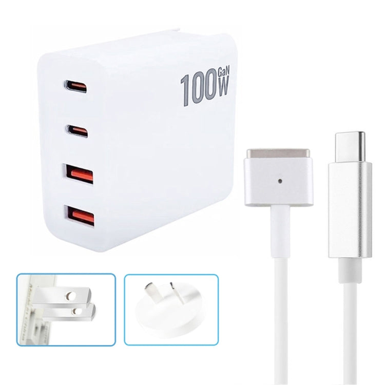 GaN 100W Dual USB-C/Type-C + Dual USB Multi Port Charger with  1.8m Type-C to MagSafe 2 / T Header Data Cable, US Plug, US / EU Plug, US / UK Plug, US / AU Plug, US / EU / UK Plug, US  / EU / UK / AU Plug
