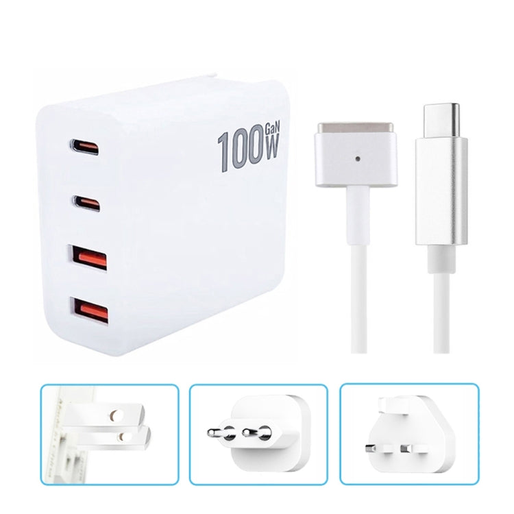 GaN 100W Dual USB-C/Type-C + Dual USB Multi Port Charger with  1.8m Type-C to MagSafe 2 / T Header Data Cable, US Plug, US / EU Plug, US / UK Plug, US / AU Plug, US / EU / UK Plug, US  / EU / UK / AU Plug