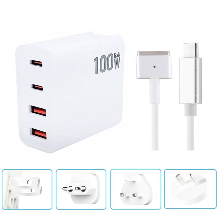 GaN 100W Dual USB-C/Type-C + Dual USB Multi Port Charger with  1.8m Type-C to MagSafe 2 / T Header Data Cable, US Plug, US / EU Plug, US / UK Plug, US / AU Plug, US / EU / UK Plug, US  / EU / UK / AU Plug
