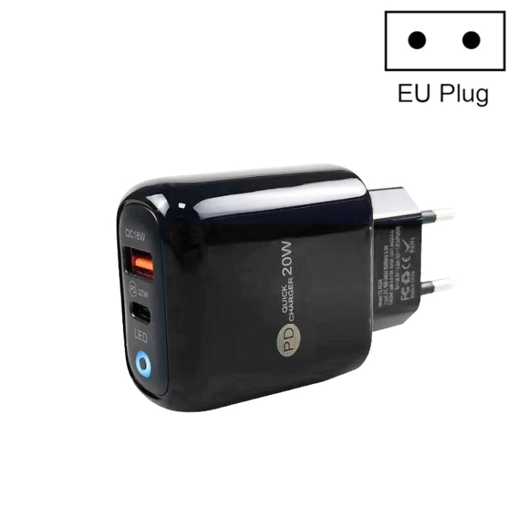 PD04 PD20W + QC18W Mobile Phone Charger with LED Indicator, EU Plug, EU Plug