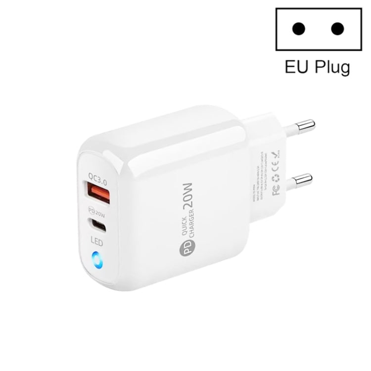 PD04 PD20W + QC18W Mobile Phone Charger with LED Indicator, EU Plug, EU Plug
