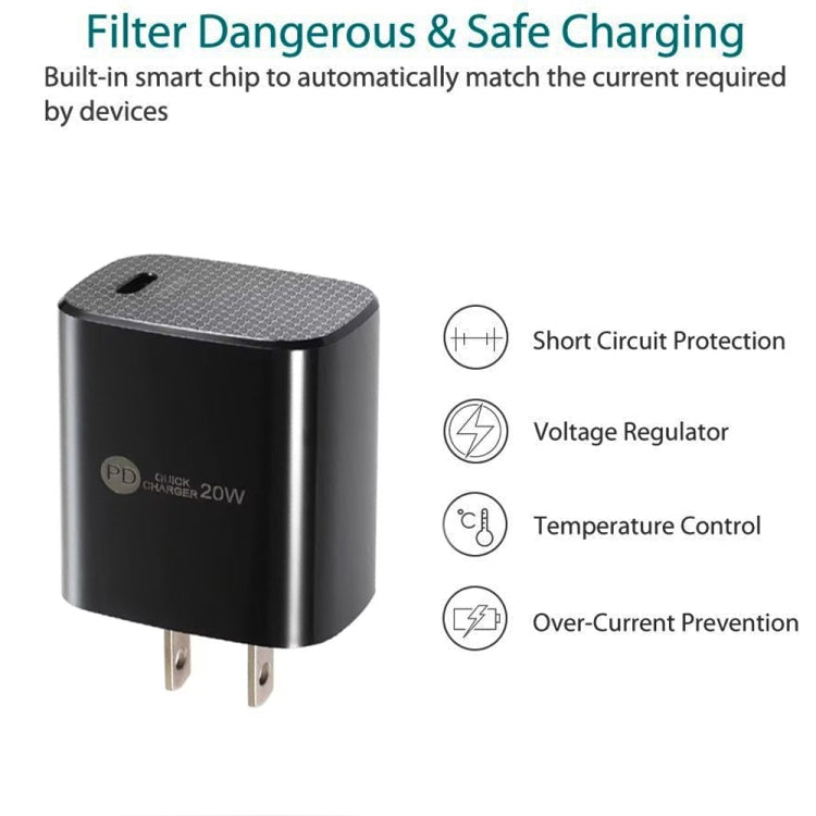 Chargeur rapide PD11 PD3.0 USB-C / Type-C 20 W avec câble de données Type-C vers 8 broches de 1 m, prise américaine, prise américaine + câble Type-C vers 8 broches