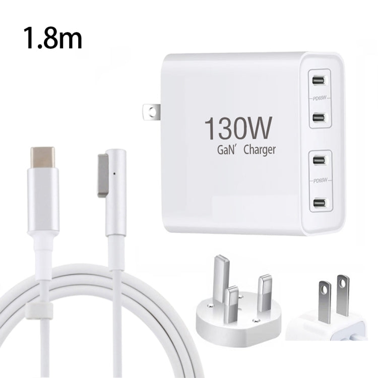 GaN 130W 4-Port USB-C PD65W / PD30W Multi Port Type-C Charger with  1.8m Type-C to MagSafe 1 / L Header Data Cable, US Plug, US / EU Plug, US / UK Plug, US / AU Plug, US / EU / UK Plug, US / EU / UK / AU Plug