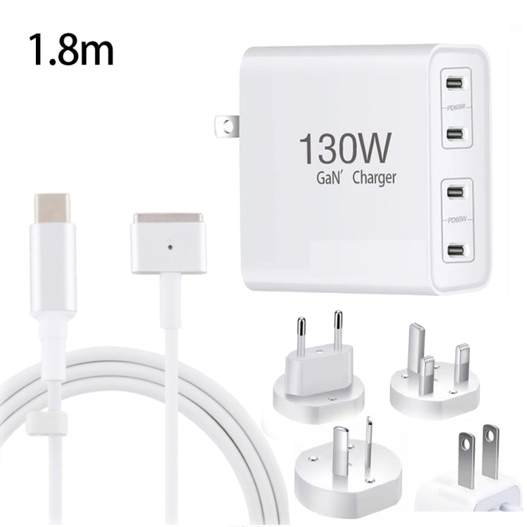 GaN 130W 4-Port USB-C PD65W / PD30W Multi Port Type-C Charger with  1.8m Type-C to MagSafe 1 / L Header Data Cable, US Plug, US / EU Plug, US / UK Plug, US / AU Plug, US / EU / UK Plug, US / EU / UK / AU Plug