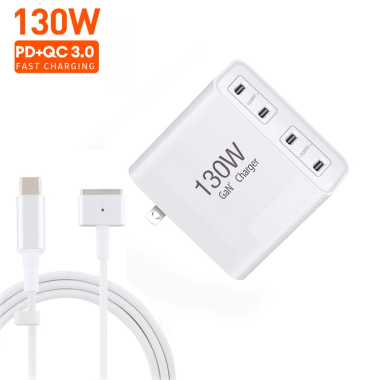GaN 130W 4-Port USB-C PD65W / PD30W Multi Port Type-C Charger with  1.8m Type-C to MagSafe 2 / T Header Data Cable, US Plug, US / EU Plug, US / UK Plug, US / AU Plug, US / EU / UK Plug, US / EU / UK / AU Plug
