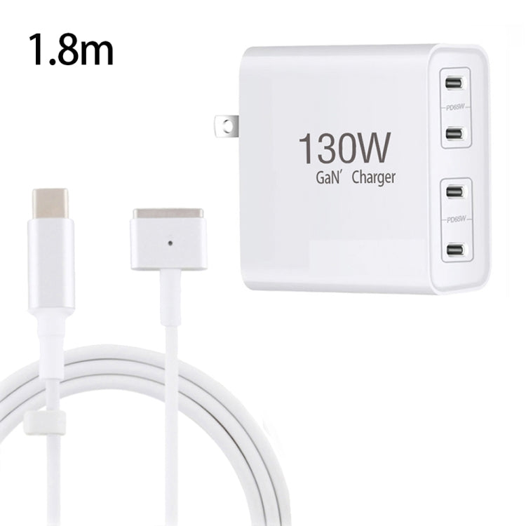 GaN 130W 4-Port USB-C PD65W / PD30W Multi Port Type-C Charger with  1.8m Type-C to MagSafe 2 / T Header Data Cable, US Plug, US / EU Plug, US / UK Plug, US / AU Plug, US / EU / UK Plug, US / EU / UK / AU Plug