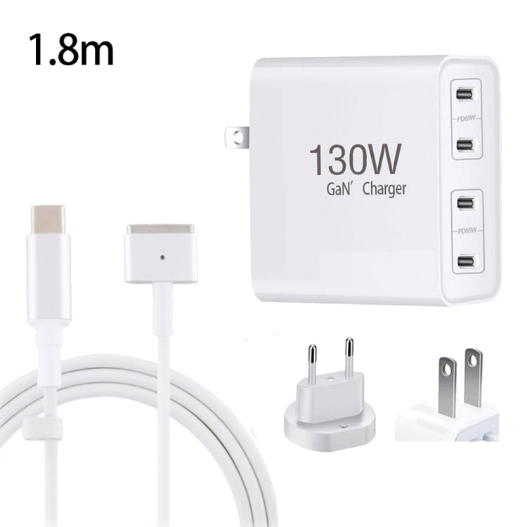 GaN 130W 4-Port USB-C PD65W / PD30W Multi Port Type-C Charger with  1.8m Type-C to MagSafe 2 / T Header Data Cable, US Plug, US / EU Plug, US / UK Plug, US / AU Plug, US / EU / UK Plug, US / EU / UK / AU Plug