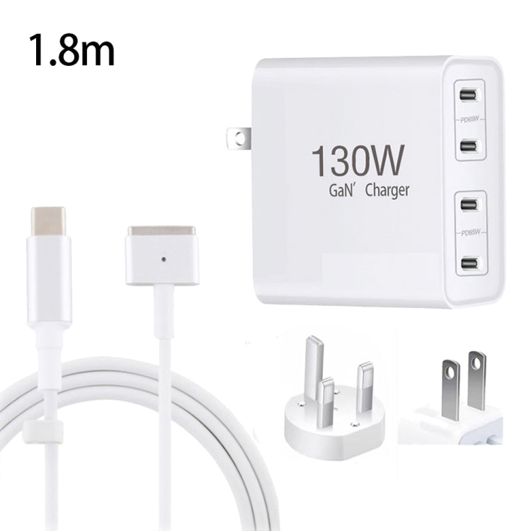 GaN 130W 4-Port USB-C PD65W / PD30W Multi Port Type-C Charger with  1.8m Type-C to MagSafe 2 / T Header Data Cable, US Plug, US / EU Plug, US / UK Plug, US / AU Plug, US / EU / UK Plug, US / EU / UK / AU Plug