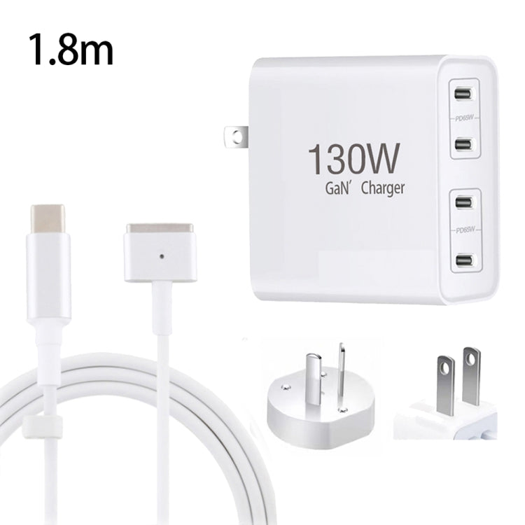 GaN 130W 4-Port USB-C PD65W / PD30W Multi Port Type-C Charger with  1.8m Type-C to MagSafe 2 / T Header Data Cable, US Plug, US / EU Plug, US / UK Plug, US / AU Plug, US / EU / UK Plug, US / EU / UK / AU Plug