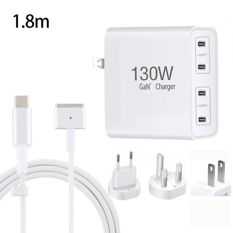 GaN 130W 4-Port USB-C PD65W / PD30W Multi Port Type-C Charger with  1.8m Type-C to MagSafe 2 / T Header Data Cable, US Plug, US / EU Plug, US / UK Plug, US / AU Plug, US / EU / UK Plug, US / EU / UK / AU Plug