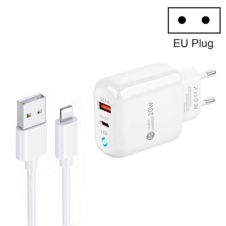 Chargeur de téléphone portable PD04 Type-C + USB avec câble USB vers 8 broches, prise UE, prise UE + câble USB vers 8 broches