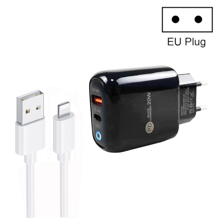 Chargeur de téléphone portable PD04 Type-C + USB avec câble USB vers 8 broches, prise UE, prise UE + câble USB vers 8 broches