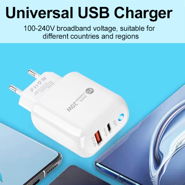 PD04 Type-C + USB Mobile Phone Charger with USB to 8 Pin Cable, EU Plug, EU Plug + USB to 8 Pin Cable