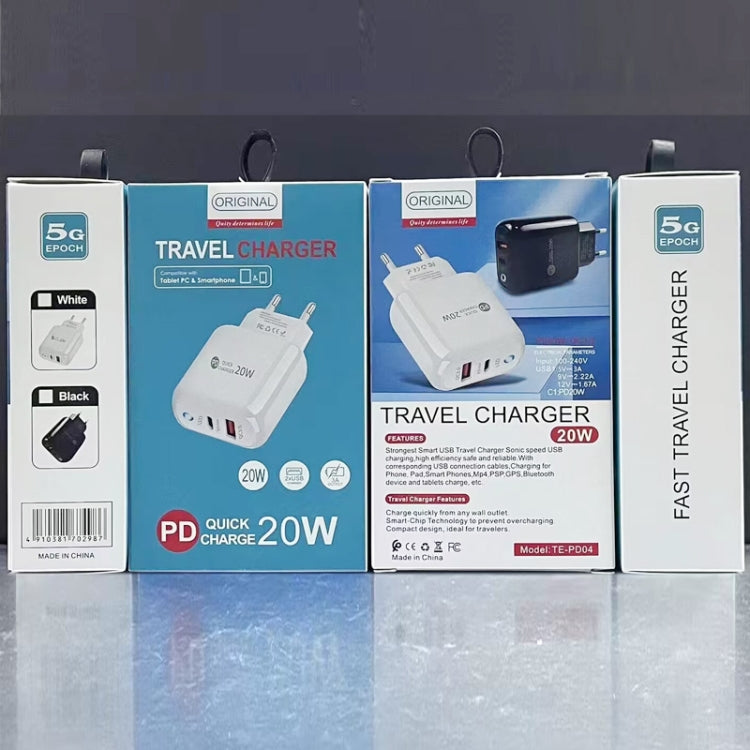Chargeur de téléphone portable PD04 Type-C + USB avec câble USB vers 8 broches, prise UE, prise UE + câble USB vers 8 broches