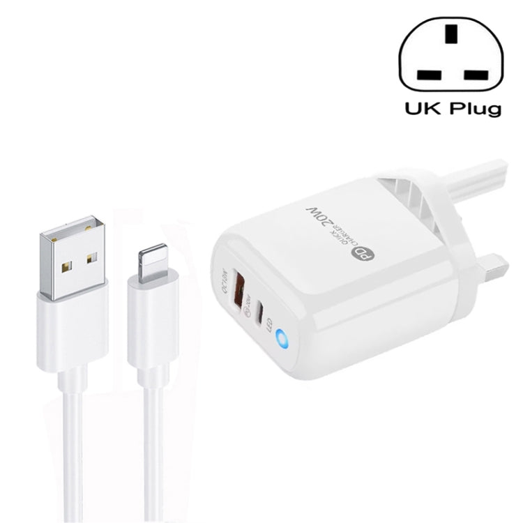 Chargeur de téléphone portable PD04 Type-C + USB avec câble USB vers 8 broches, prise britannique, prise britannique + câble USB vers 8 broches