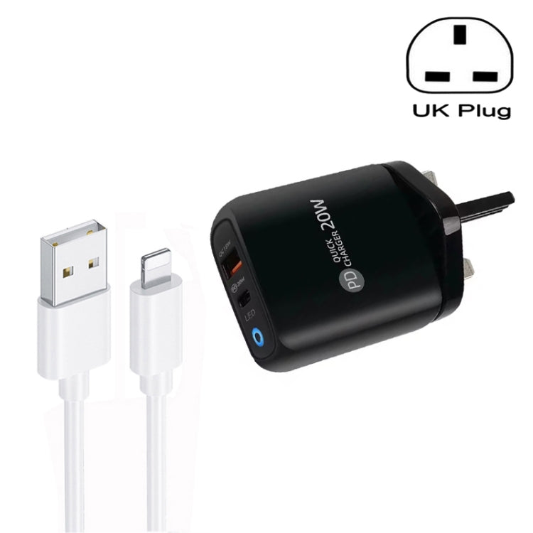 PD04 Type-C + USB Mobile Phone Charger with USB to 8 Pin Cable, UK Plug, UK Plug + USB to 8 Pin Cable