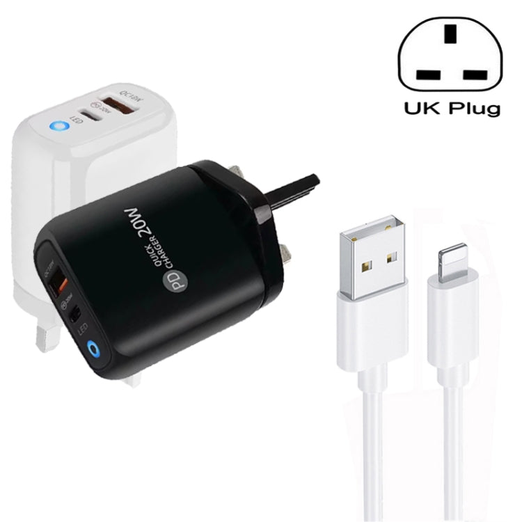 Chargeur de téléphone portable PD04 Type-C + USB avec câble USB vers 8 broches, prise britannique, prise britannique + câble USB vers 8 broches