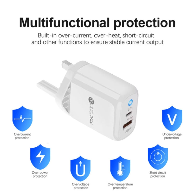 Chargeur de téléphone portable PD04 Type-C + USB avec câble USB vers 8 broches, prise britannique, prise britannique + câble USB vers 8 broches