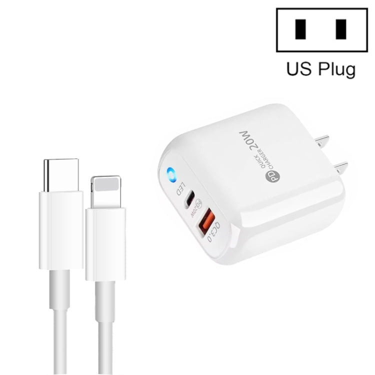 Chargeur de téléphone portable PD04 Type-C + USB avec câble Type-C vers 8 broches, prise américaine, prise américaine + câble Type-C vers 8 broches