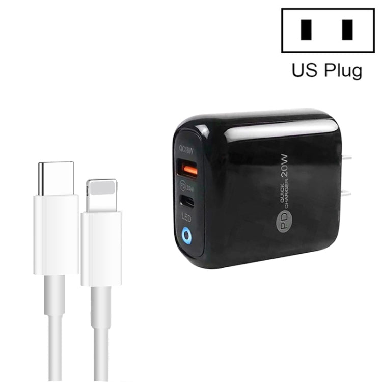 Chargeur de téléphone portable PD04 Type-C + USB avec câble Type-C vers 8 broches, prise américaine, prise américaine + câble Type-C vers 8 broches