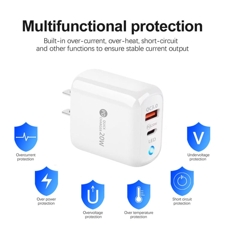 Chargeur de téléphone portable PD04 Type-C + USB avec câble Type-C vers 8 broches, prise américaine, prise américaine + câble Type-C vers 8 broches
