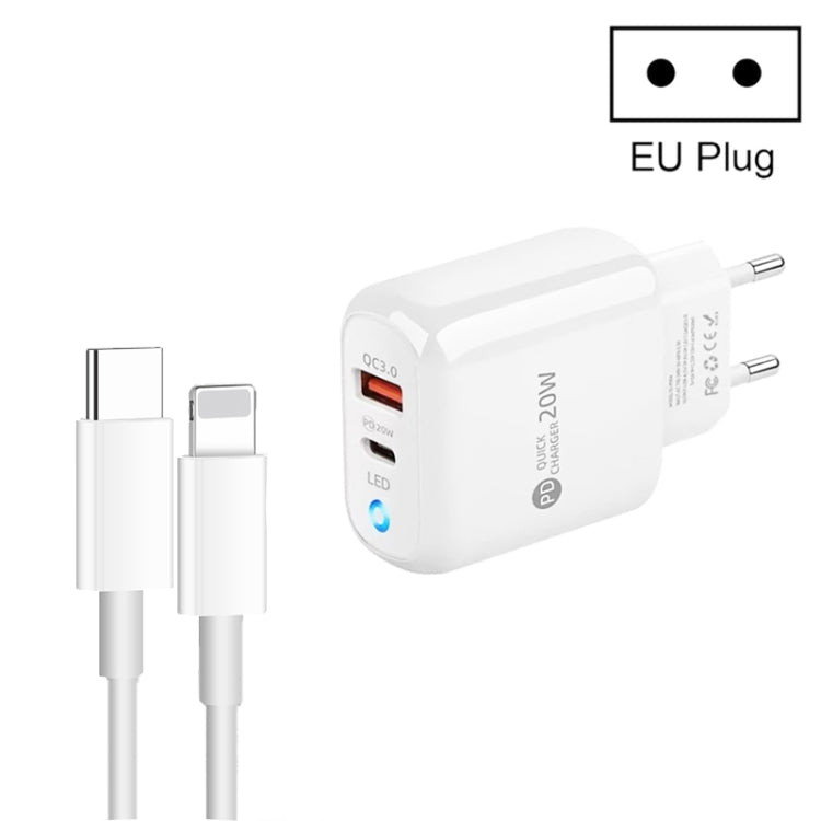 PD04 Type-C + USB Mobile Phone Charger with Type-C to 8 Pin Cable, EU Plug, EU Plug + Type-C to 8 Pin Cable