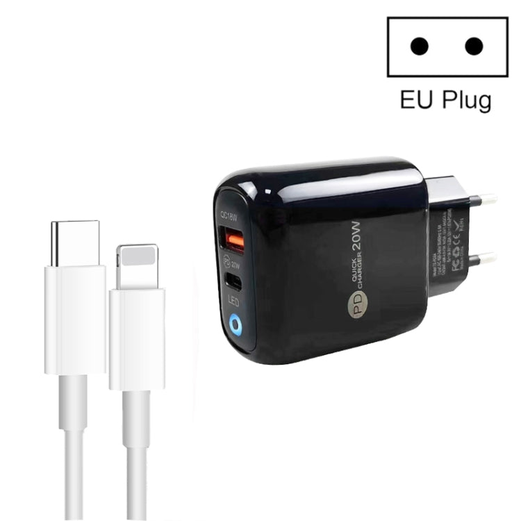 PD04 Type-C + USB Mobile Phone Charger with Type-C to 8 Pin Cable, EU Plug, EU Plug + Type-C to 8 Pin Cable